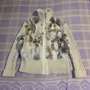 Jennyfer J Rabbit Fur Zip Up Knit Cream Cardigan Sweater Jacket Knit 2X 2XL XL